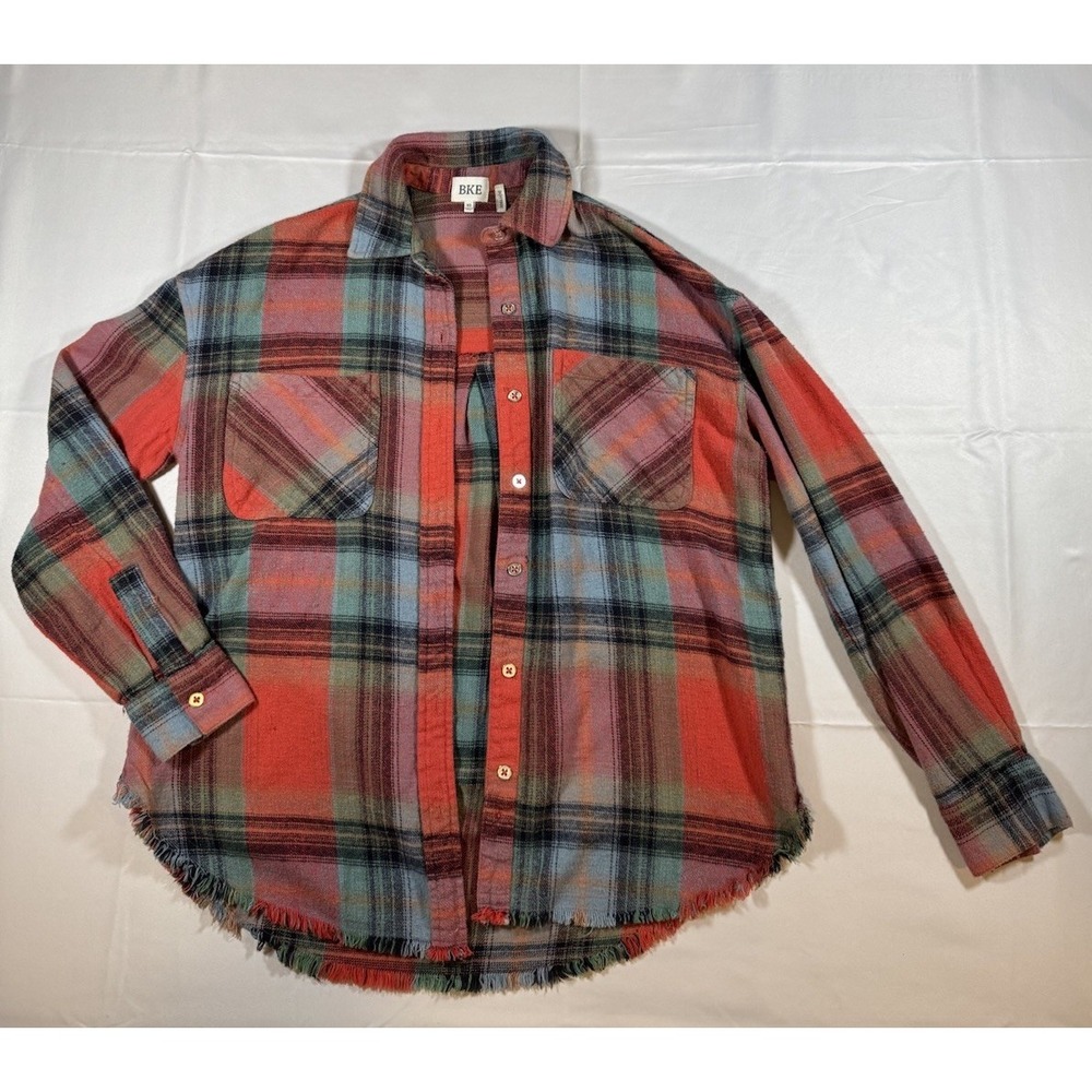 Buckle Boyfriend Plaid Flannel Button Shirt Frayed Hem Xs Red, Green Flannel